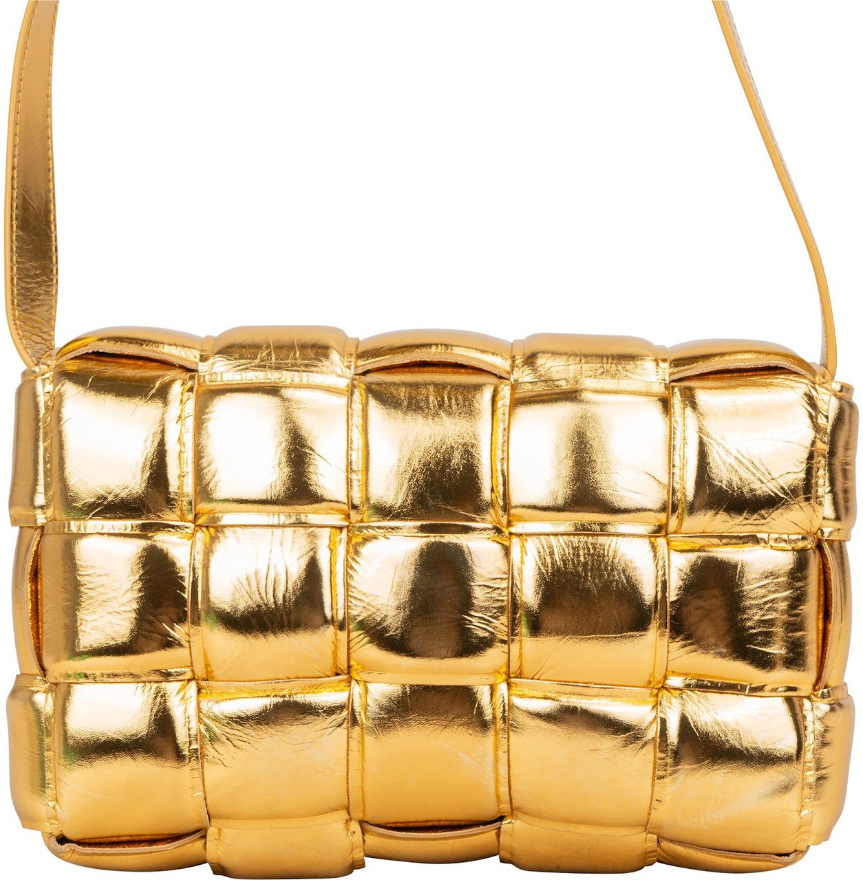 Bottega Veneta Metallic Leather Padded Cassette Crossbody Bag Goud