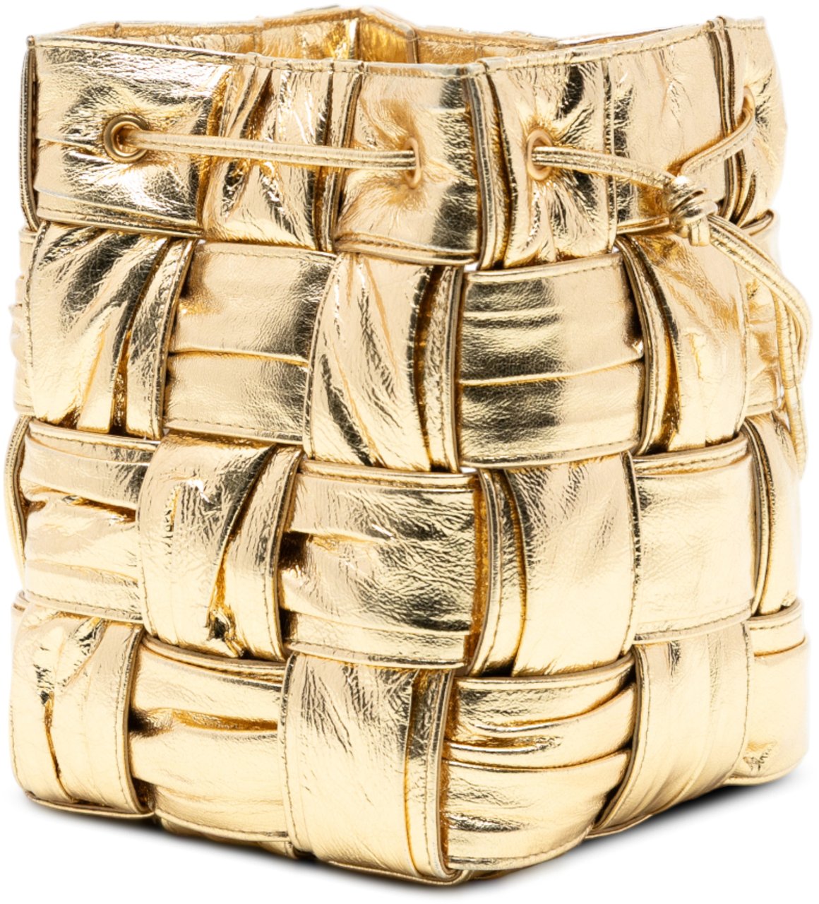 Bottega Veneta Small Metallic Crushed Nappa Maxi Intrecciato Cassette Bucket Bag Goud