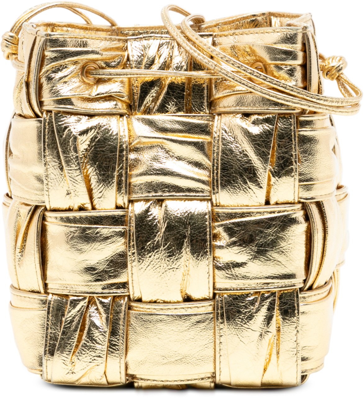Bottega Veneta Small Metallic Crushed Nappa Maxi Intrecciato Cassette Bucket Bag Goud