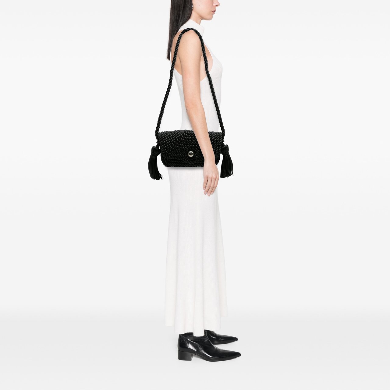 Bottega Veneta Lambskin Torchon Classic Tasseled Twisted Crossbody Zwart
