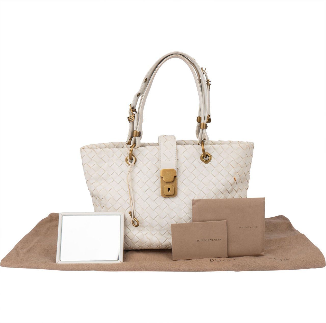Bottega Veneta White Intrecciato Leather Lock Handbag Wit
