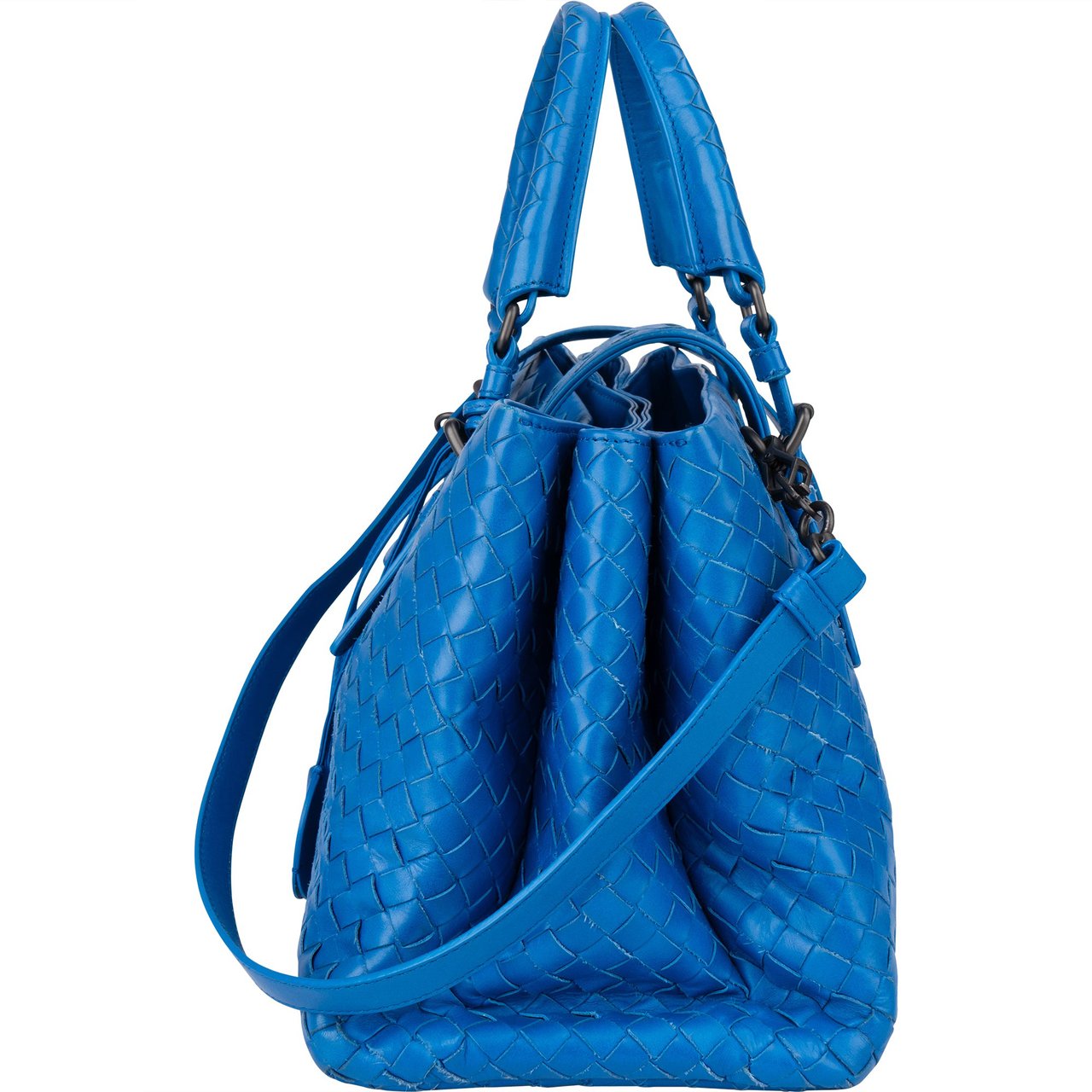 Bottega Veneta Blue Intrecciato Leather Roma Handbag Blauw
