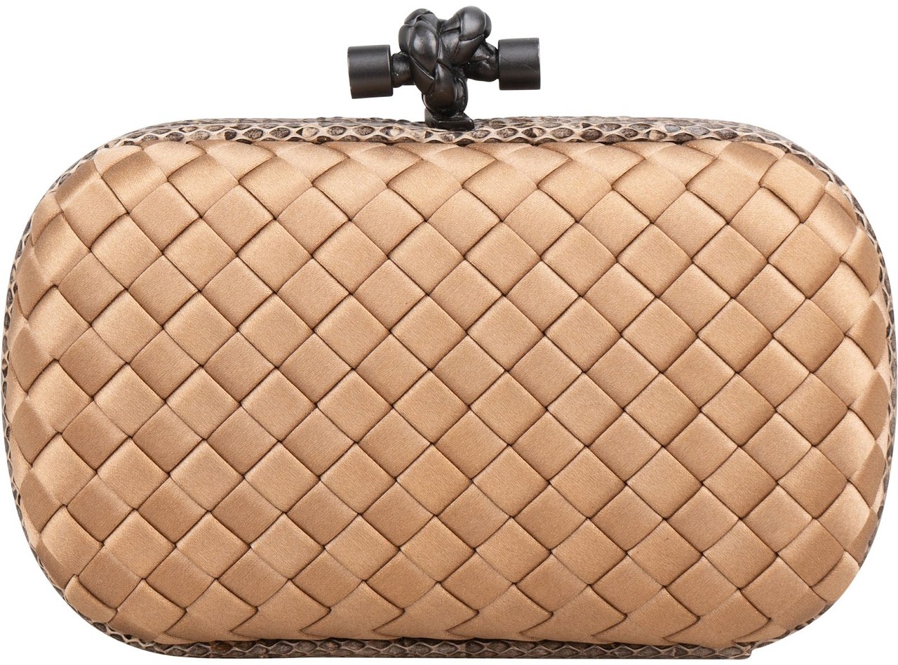 Bottega Veneta Intrecciato Satin Knot Snakeskin Clutch Goud