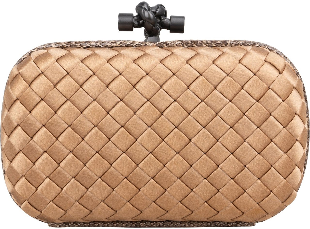 Bottega Veneta Intrecciato Satin Knot Snakeskin Clutch Goud