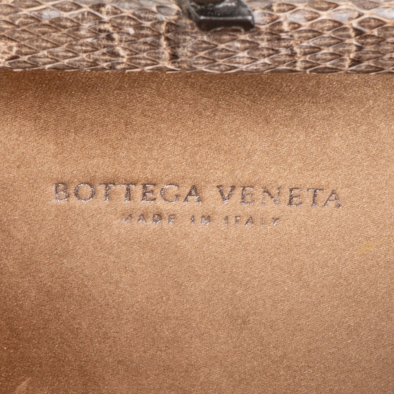 Bottega Veneta Intrecciato Satin Knot Snakeskin Clutch Goud