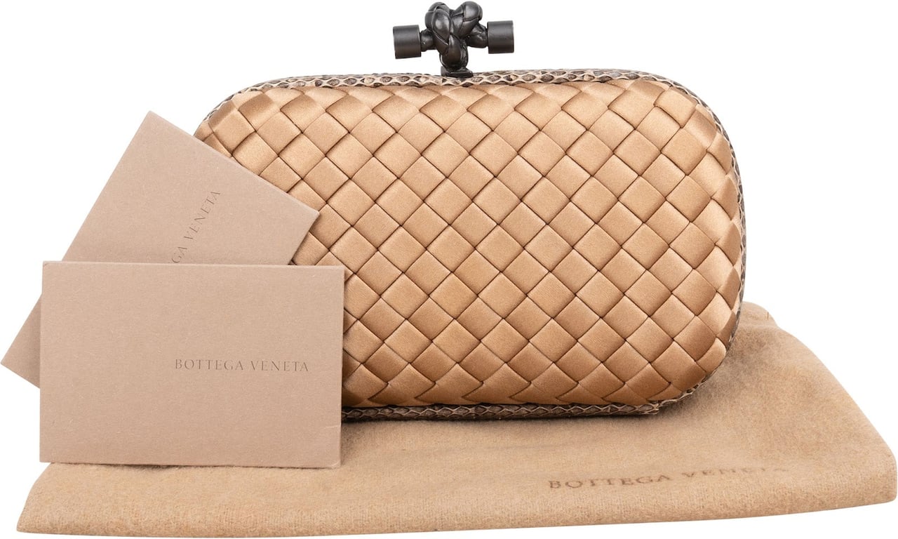 Bottega Veneta Intrecciato Satin Knot Snakeskin Clutch Goud