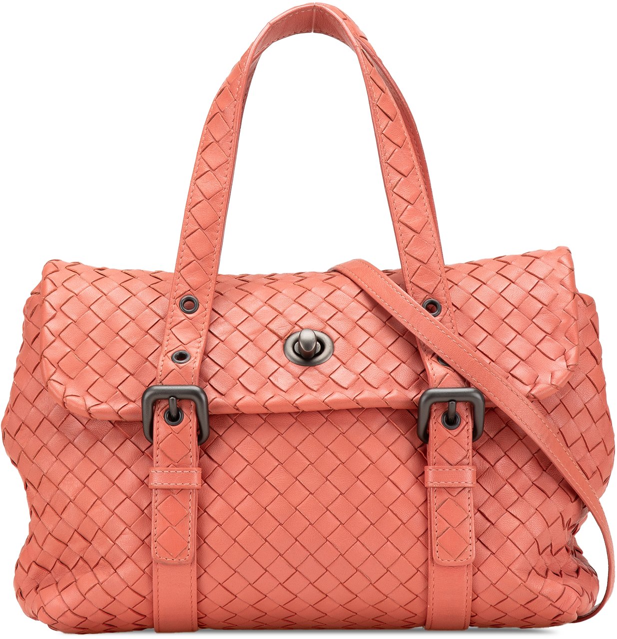 Bottega Veneta Leather Intrecciato Flap Satchel Oranje