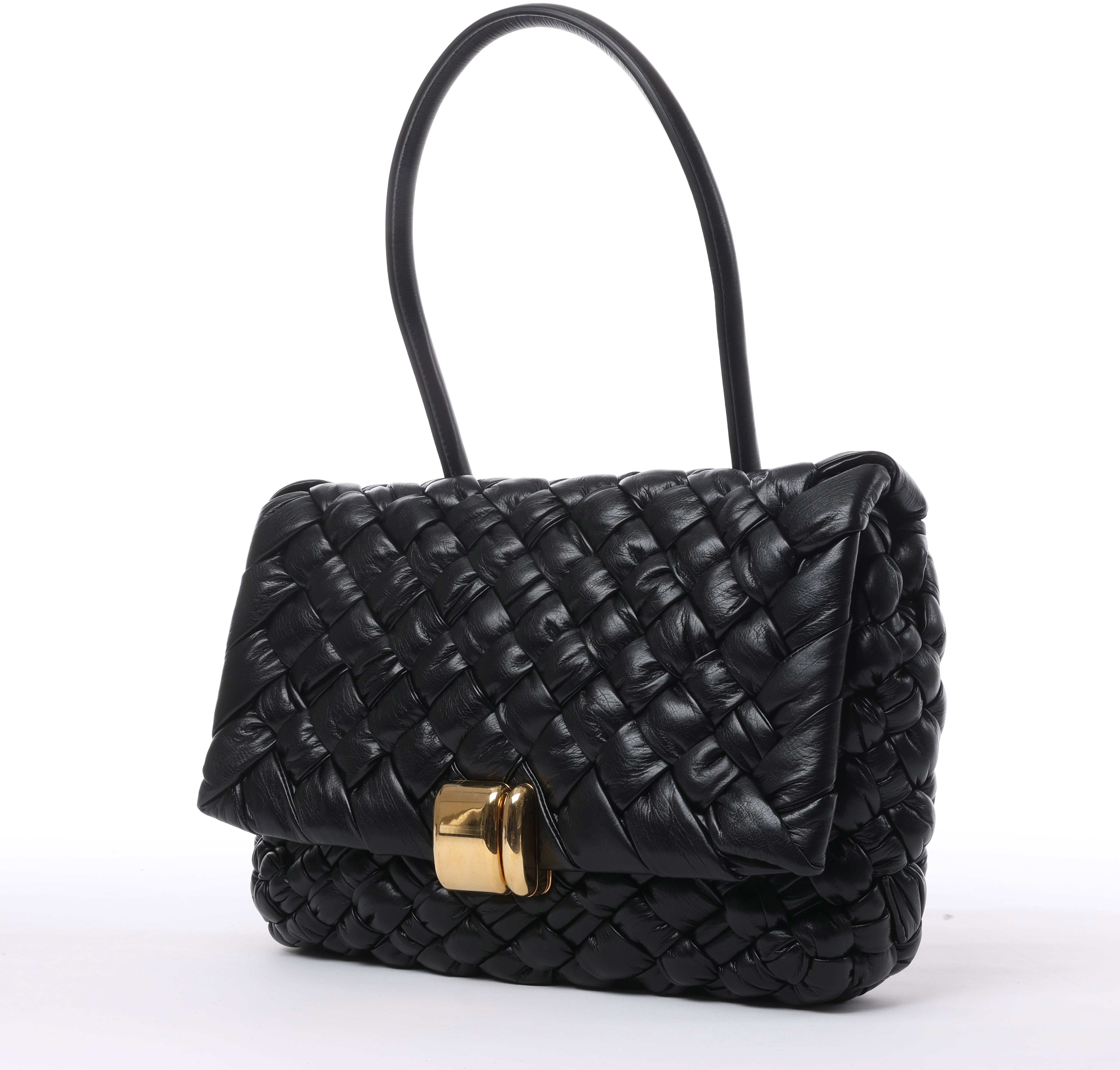 Bottega Veneta Bottega Veneta Leather Woven Rumple Desiree Shoulder Bag in Black Zwart