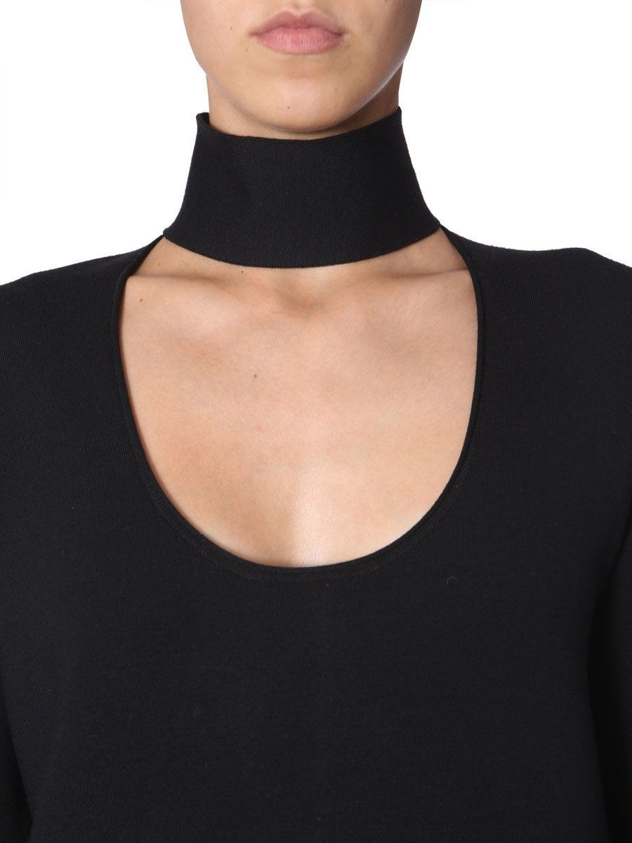 Bottega Veneta High Neck Midi Dress with Deep Neck Zwart