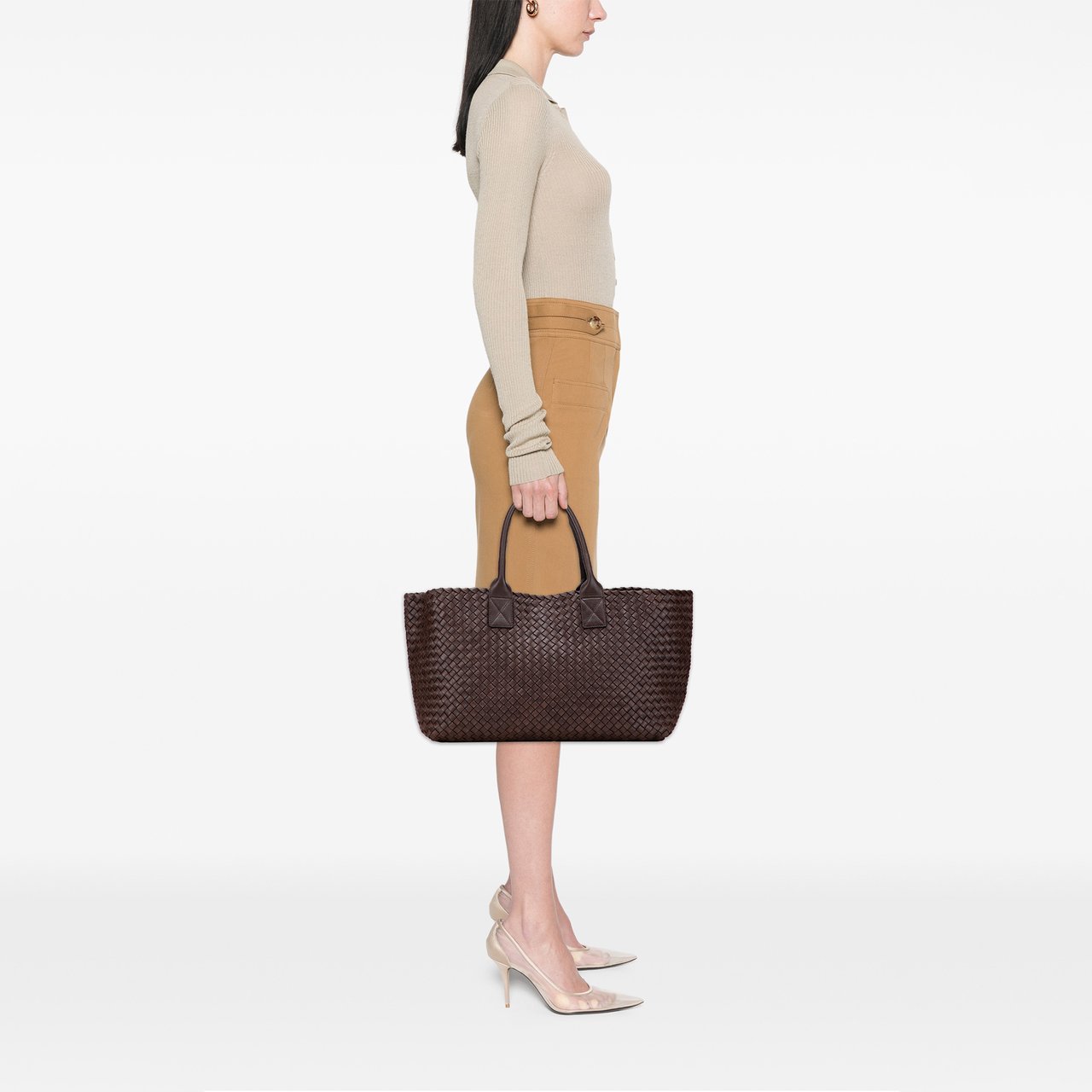 Bottega Veneta Medium Lambskin Intreccio Cabat Tote Bruin