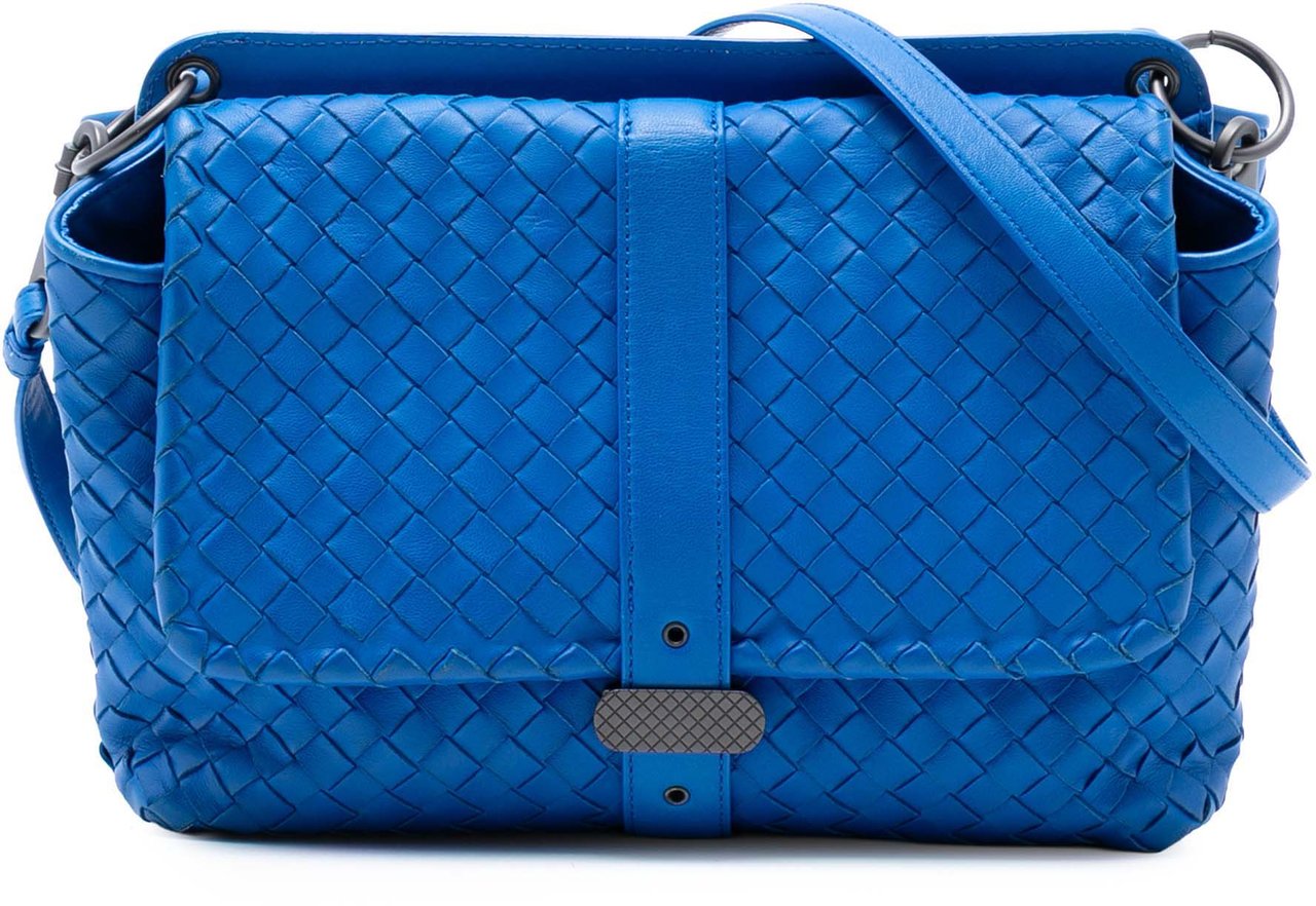 Bottega Veneta Nappa Intrecciato Double Sided Flap Crossbody Blauw