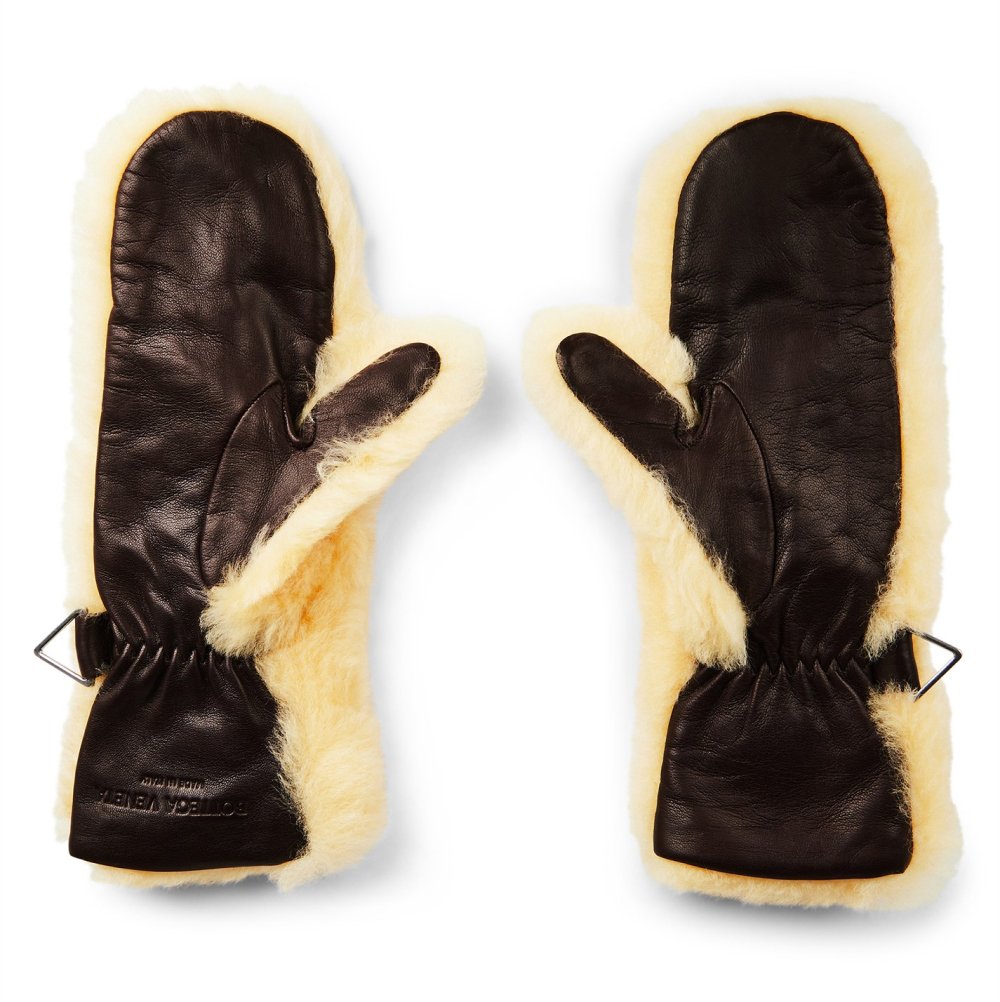 Bottega Veneta Teddy Shearling And Leather Logo Gloves Beige