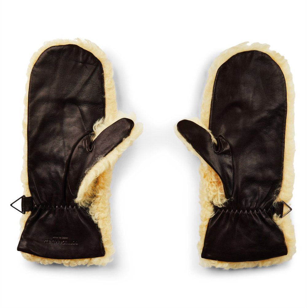 Bottega Veneta Teddy Shearling And Leather Logo Gloves Beige