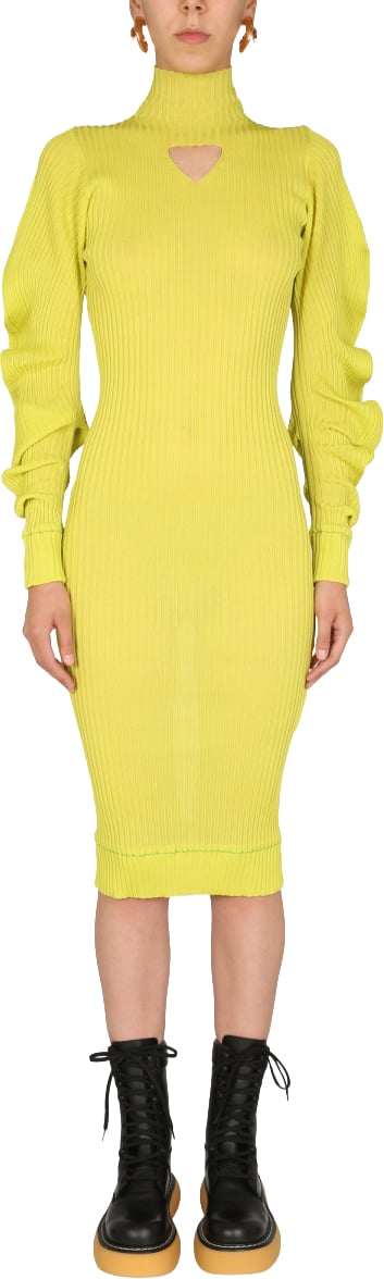 Bottega Veneta Polo Neck Silk Dress with Ruched Sleeves Goud