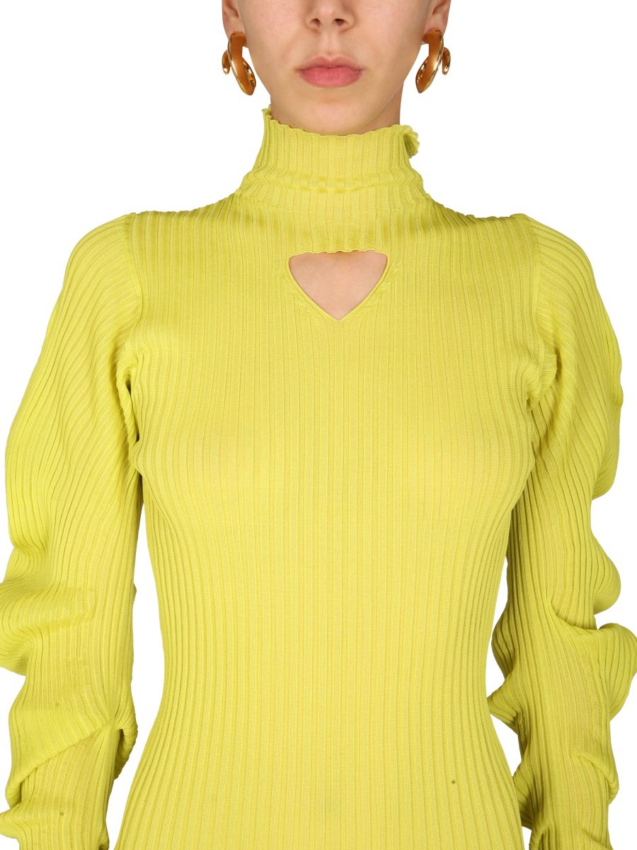 Bottega Veneta Polo Neck Silk Dress with Ruched Sleeves Goud