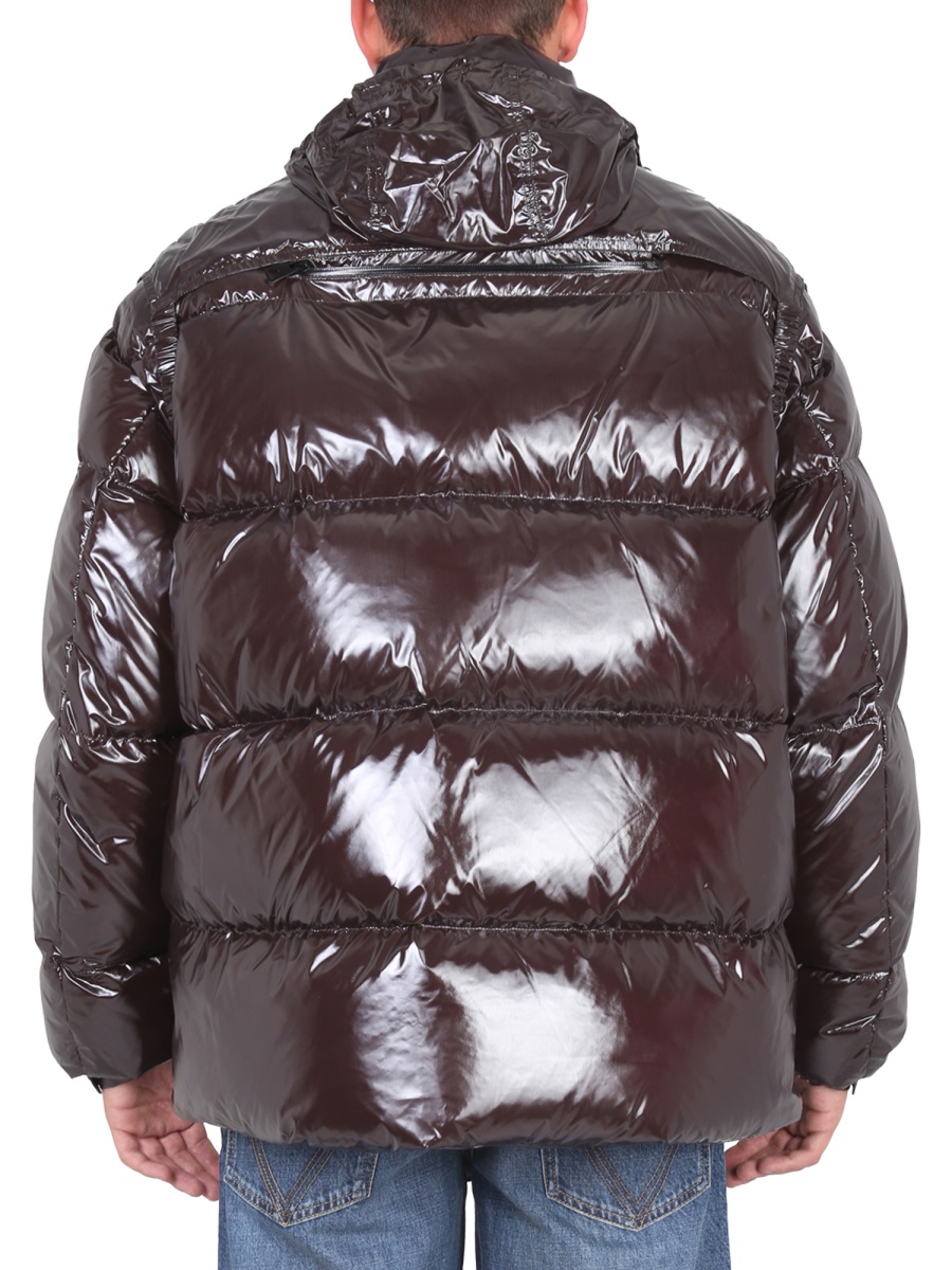 Bottega Veneta Short Glossy Puffer Jacket with Adjustable Hood Grijs