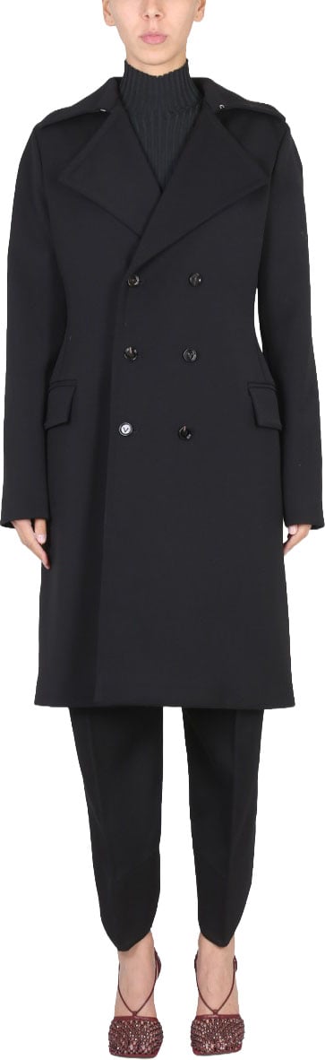 Bottega Veneta Double-Breasted Coat with Convertible Collar and Tailored Fit Zwart