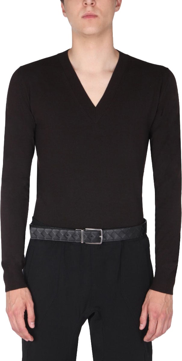 Bottega Veneta Classic V-Neck Wool Sweater with Contrasting Stitch Zwart