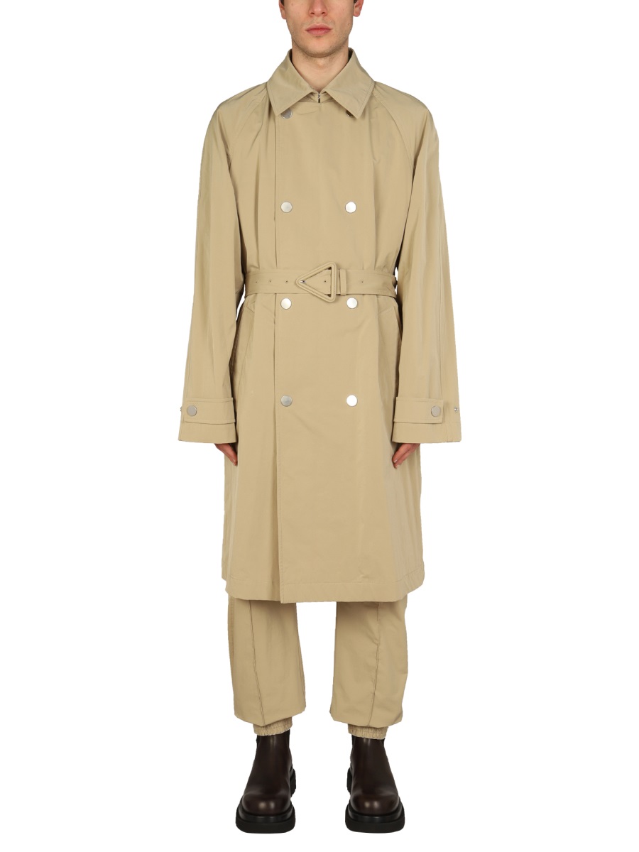 Bottega Veneta Double-Breasted Nylon Trench Coat with Classic Collar Neutraal