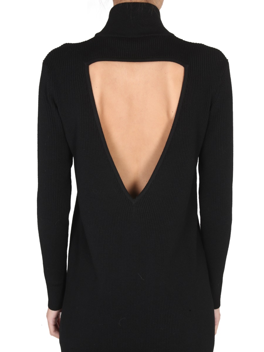 Bottega Veneta High Neck Ribbed Knit Dress with Textured Silhouette Zwart