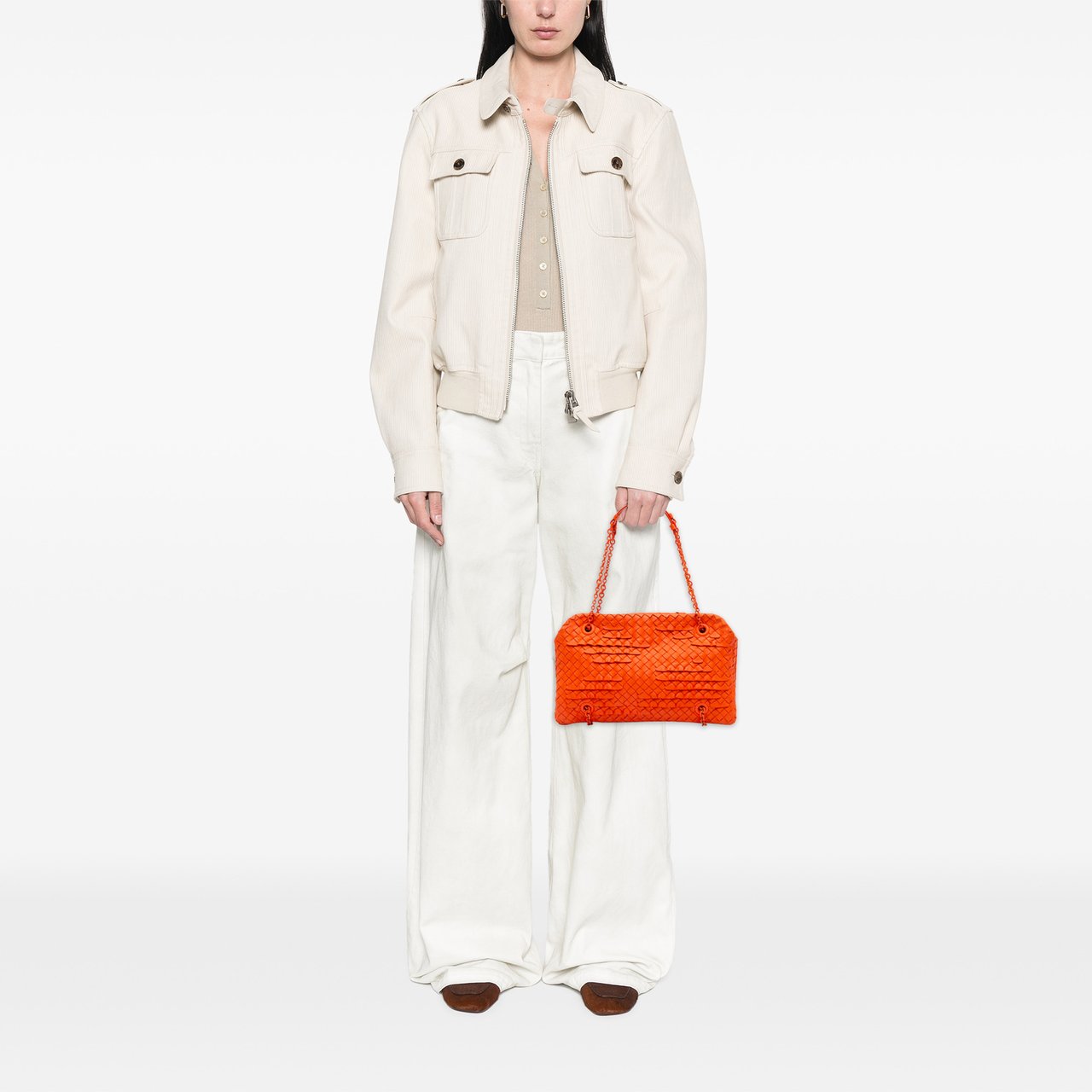 Bottega Veneta Nappa Intrecciato Ruffle Duo Shoulder Bag Oranje