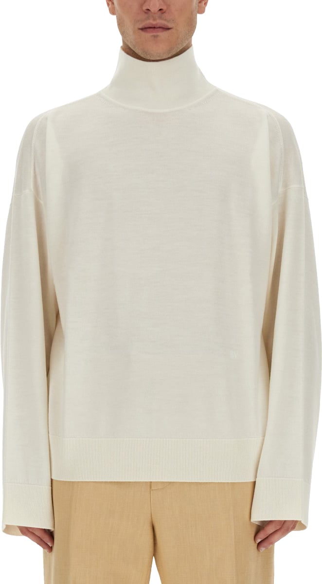 Bottega Veneta High Neck Wool Sweater with Intricate Embroidery Grijs