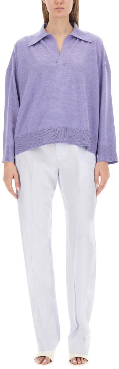 Bottega Veneta Oversized Wool Polo Shirt with Classic Collar Blauw