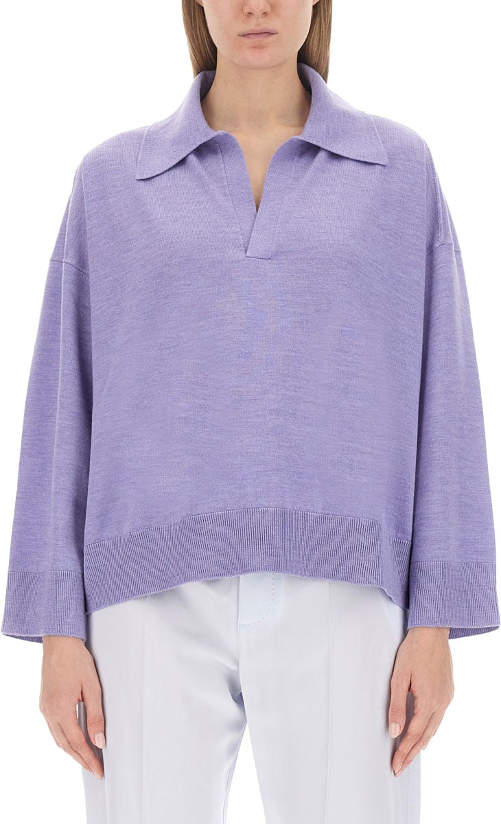 Bottega Veneta Oversized Wool Polo Shirt with Classic Collar Blauw