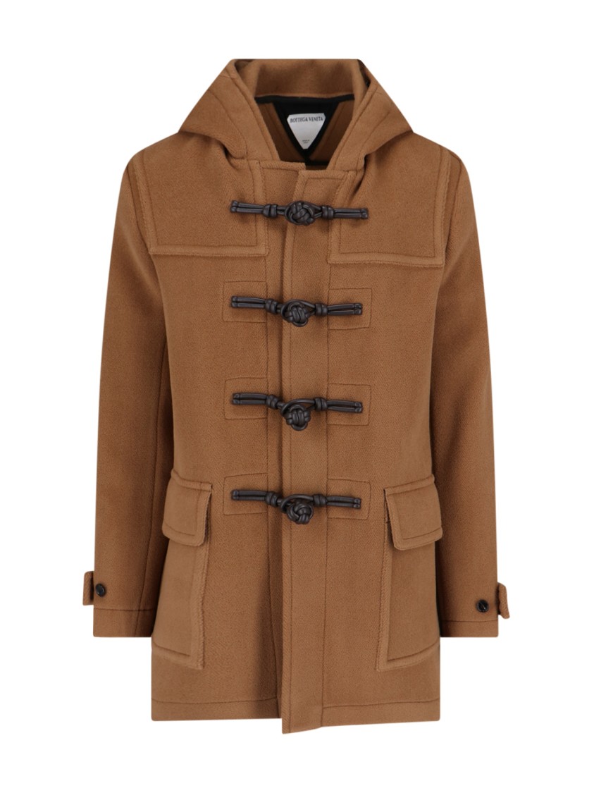 Bottega Veneta Brown Wool Duffle Coat With Hood And Braided Leather Fastenings Bruin