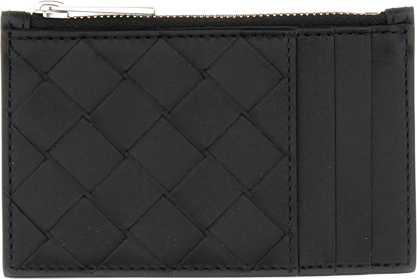 Bottega Veneta Woven Calfskin Card Holder with Zipper Closure Zwart