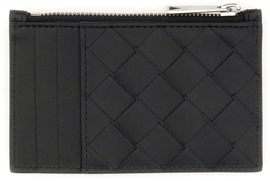 Bottega Veneta Woven Calfskin Card Holder with Zipper Closure Zwart