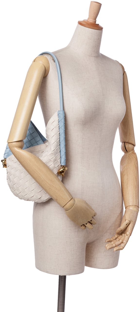 Bottega Veneta Small Nappa and Canvas Intrecciato Solstice Shoulder Bag Blauw