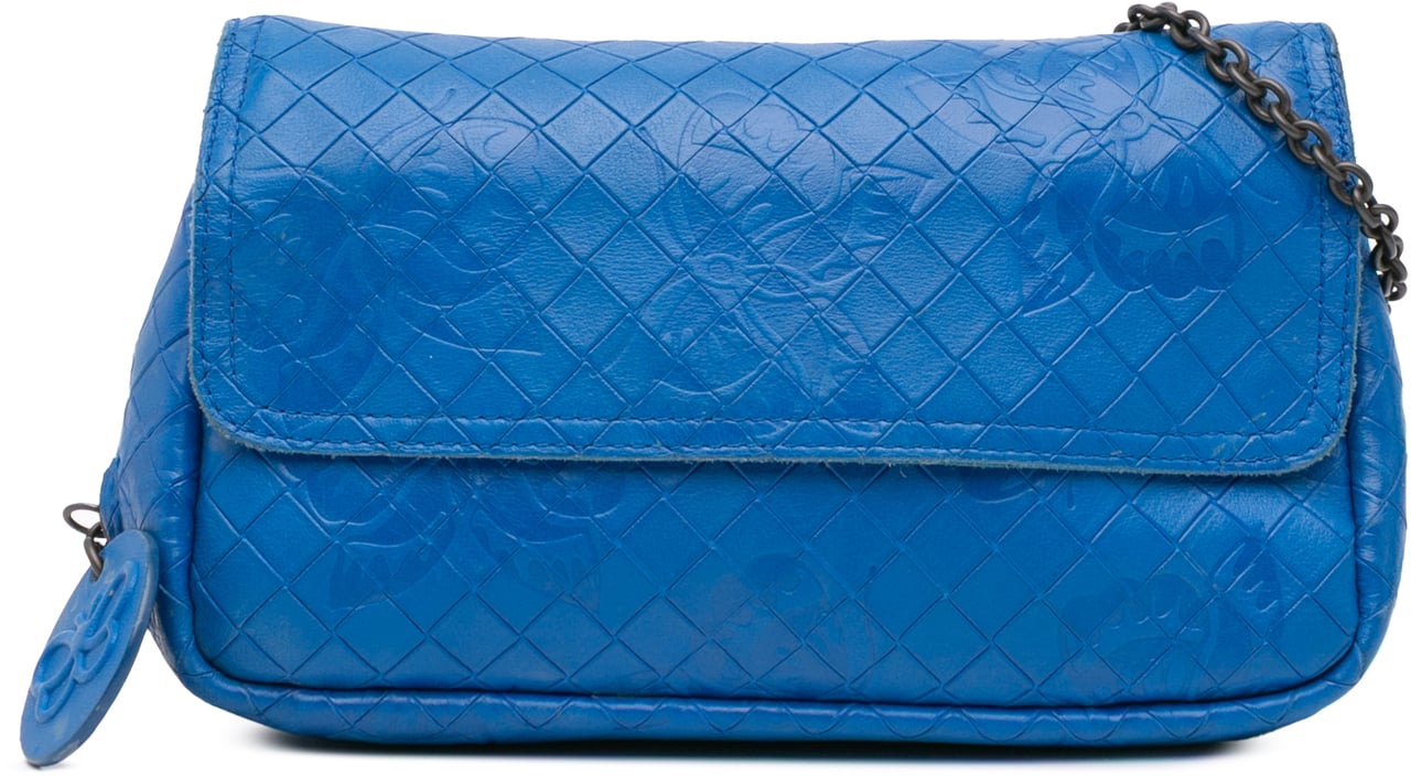 Bottega Veneta Small Calfskin Intrecciomirage Embossed Butterfly Chain Crossbody Blauw