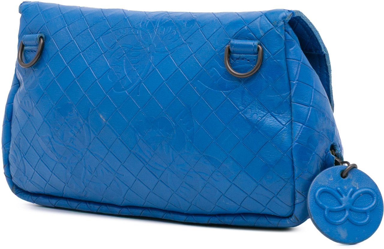 Bottega Veneta Small Calfskin Intrecciomirage Embossed Butterfly Chain Crossbody Blauw