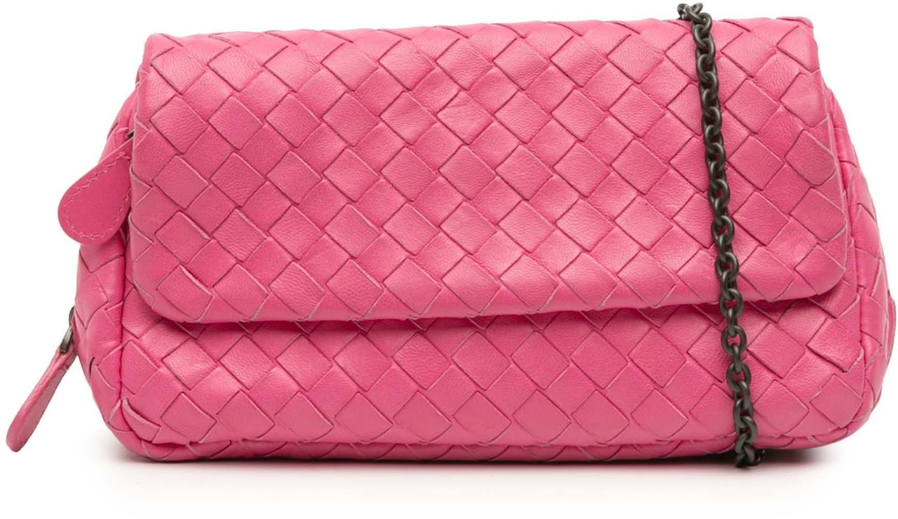 Bottega Veneta Mini Nappa Intrecciato Expandable Chain Flap Crossbody Roze