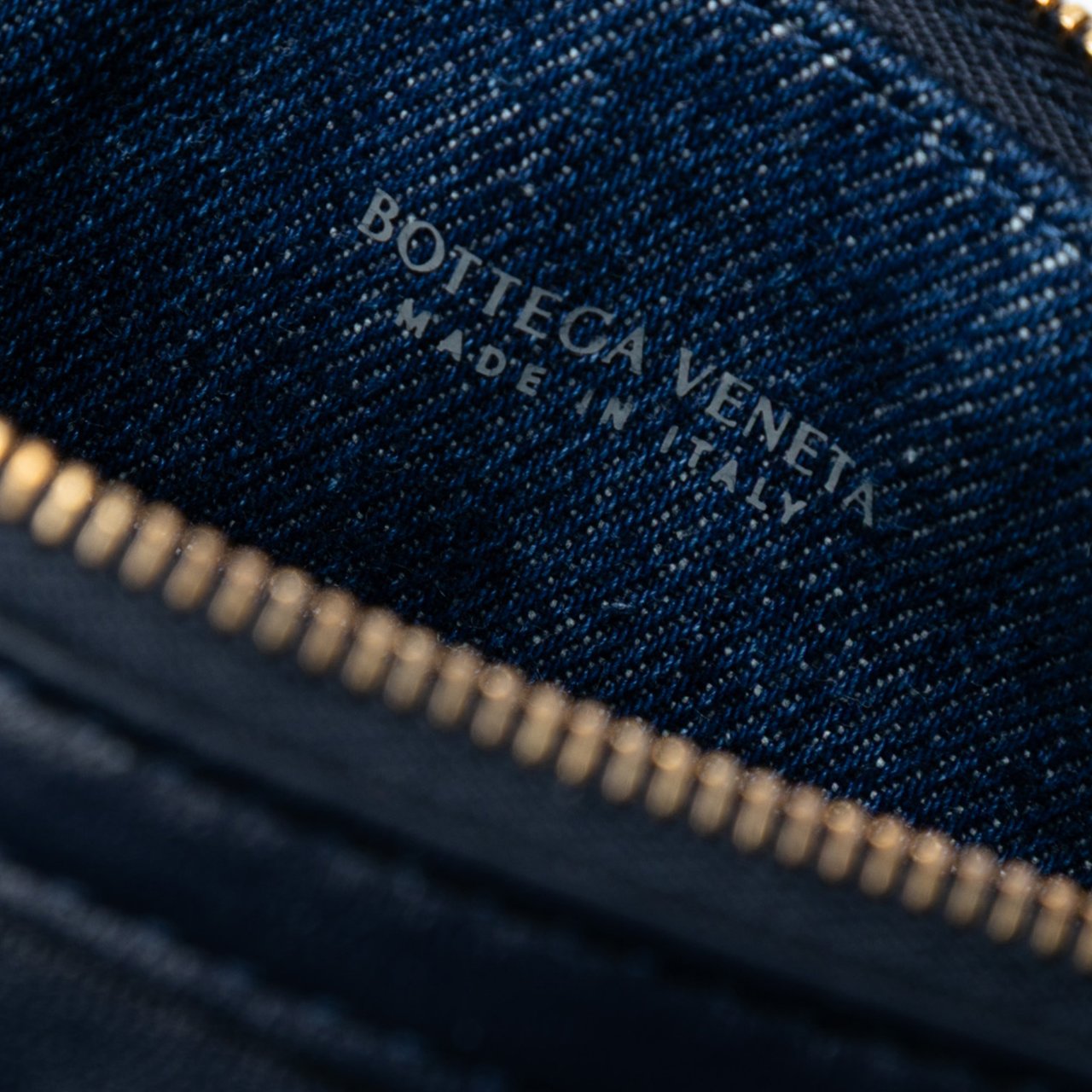 Bottega Veneta Mini Leather and Denim Intrecciato Sunrise Hobo Blauw