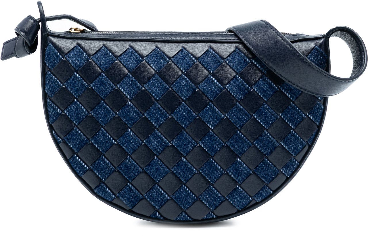 Bottega Veneta Mini Leather and Denim Intrecciato Sunrise Hobo Blauw
