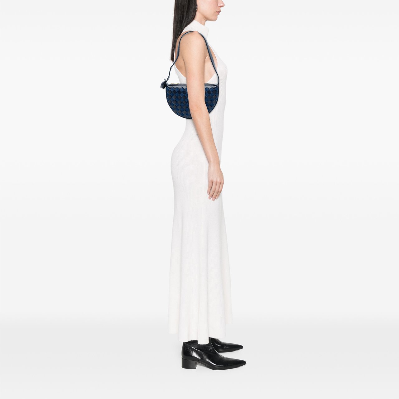 Bottega Veneta Mini Leather and Denim Intrecciato Sunrise Hobo Blauw