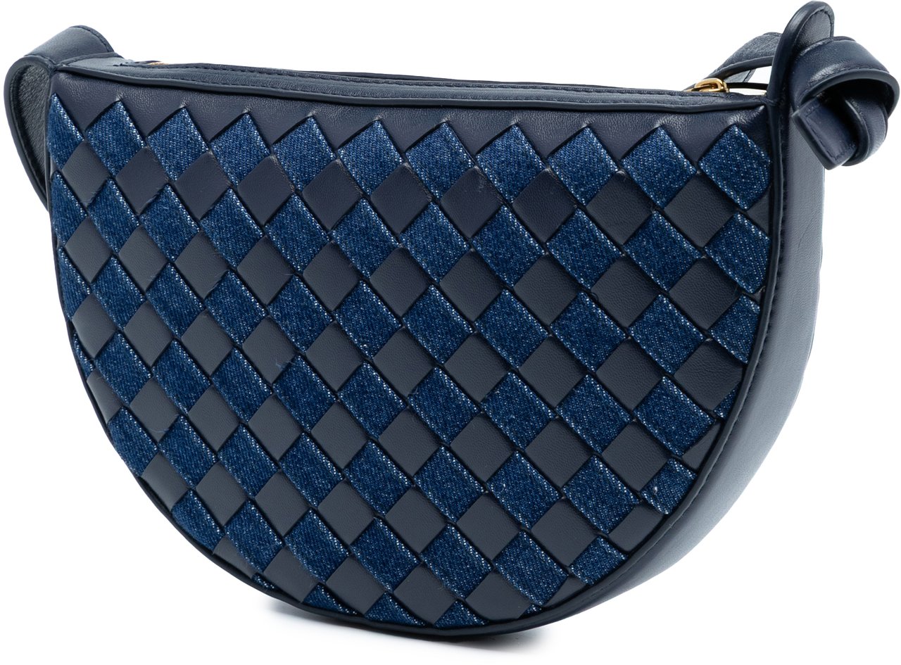 Bottega Veneta Mini Leather and Denim Intrecciato Sunrise Hobo Blauw