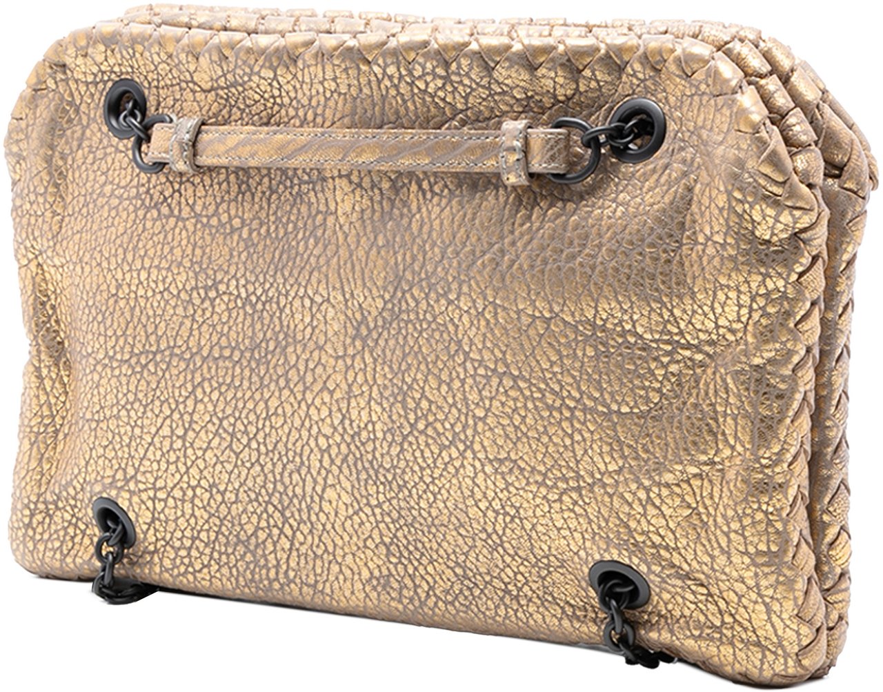 Bottega Veneta Intrecciato Trimmed Metallic Leather Duo Shoulder Bag Goud