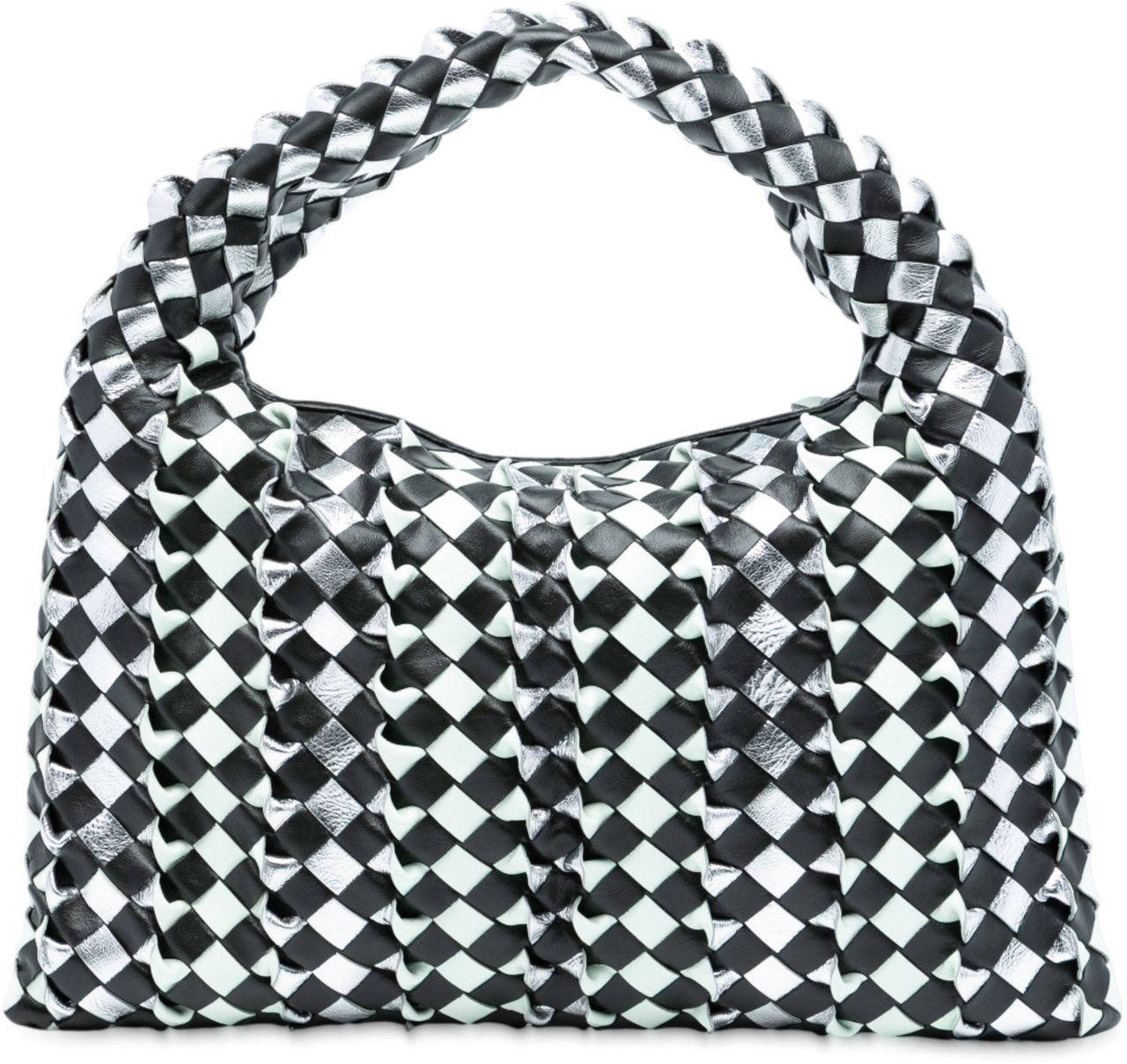 Bottega Veneta Small Bicolor Calfskin Intrecciato Hop Hobo Zwart