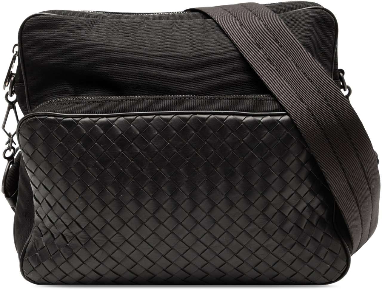 Bottega Veneta Nappa Intrecciato Trimmed Canvas Messenger Bag Zwart