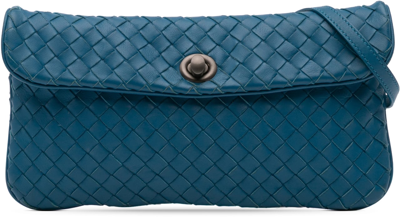 Bottega Veneta Mini Nappa Intrecciato Turn Lock Crossbody Blauw