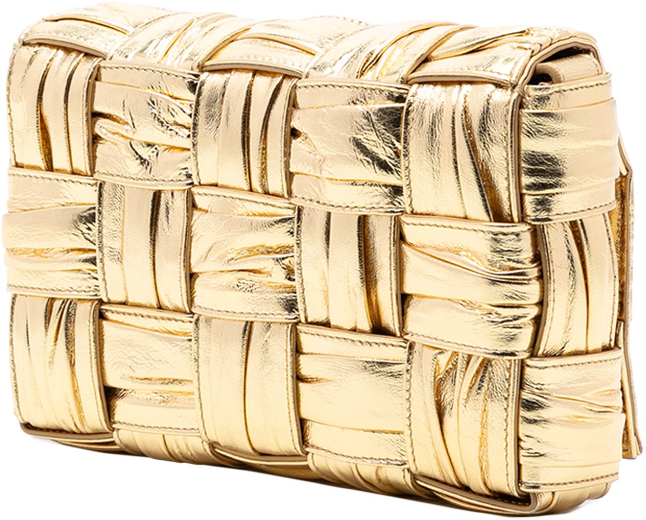 Bottega Veneta Metallic Calfskin Intreccio Plisse Cassette Crossbody Goud