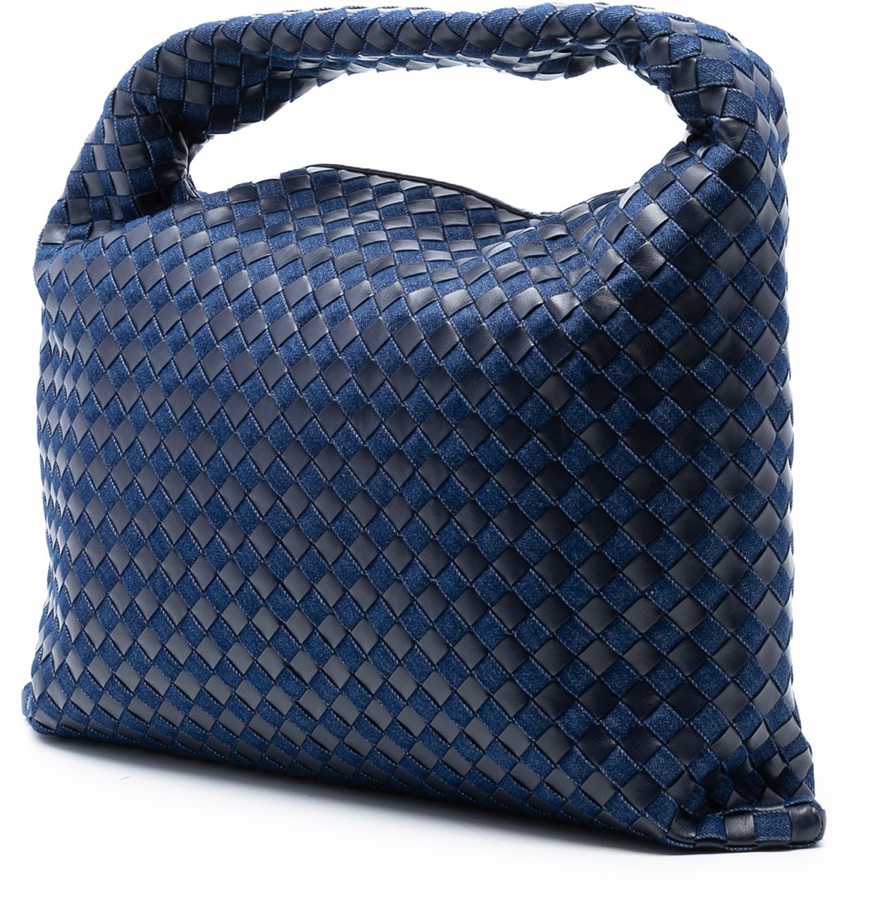 Bottega Veneta Large Calfskin and Denim Intrecciato Hop Hobo Blauw