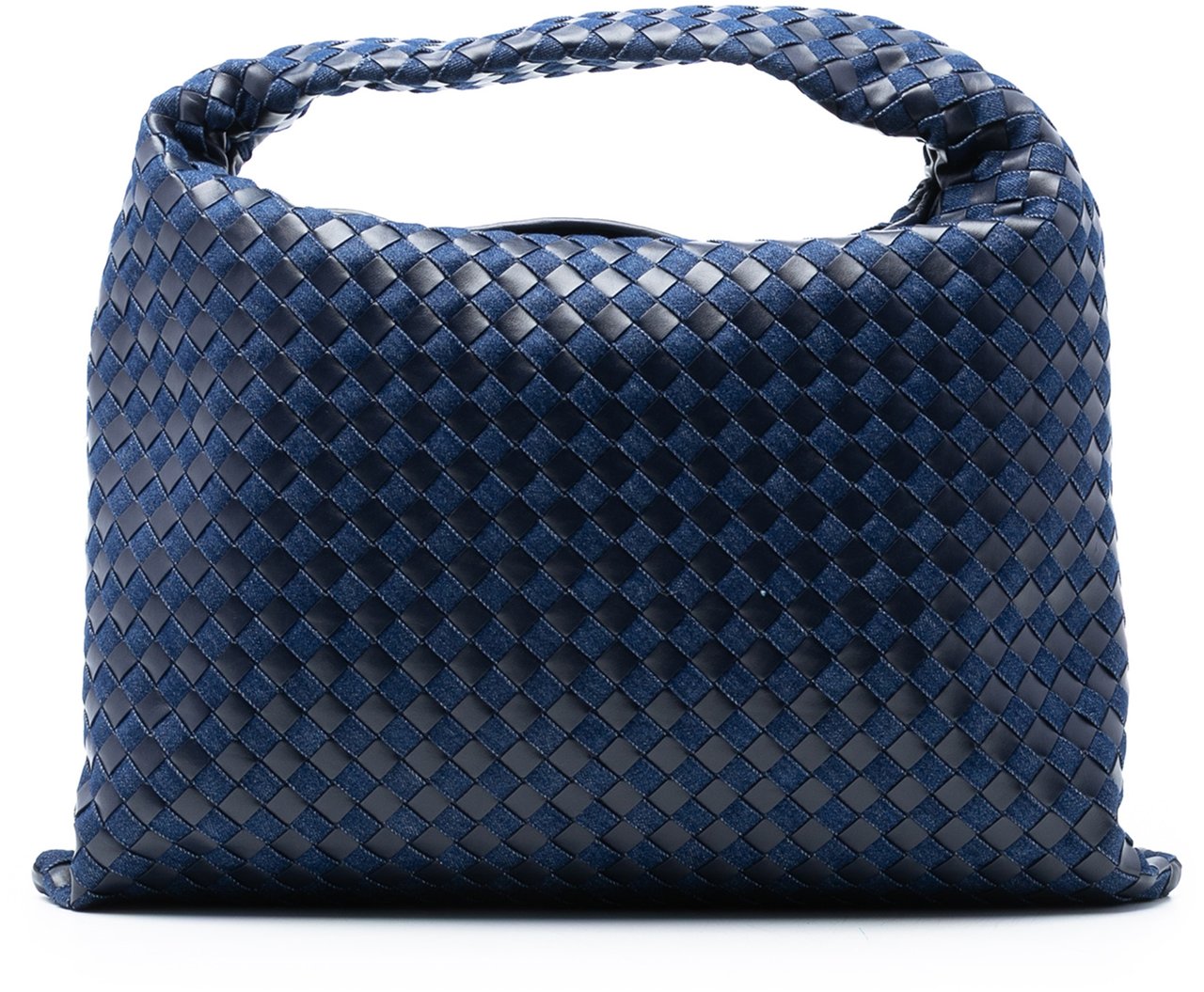 Bottega Veneta Large Calfskin and Denim Intrecciato Hop Hobo Blauw
