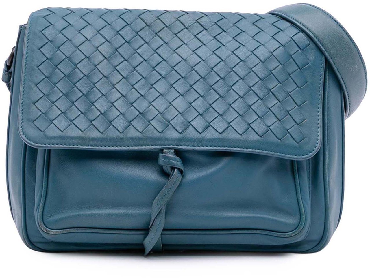 Bottega Veneta Intrecciato Trimmed Nappa Flap Crossbody Blauw