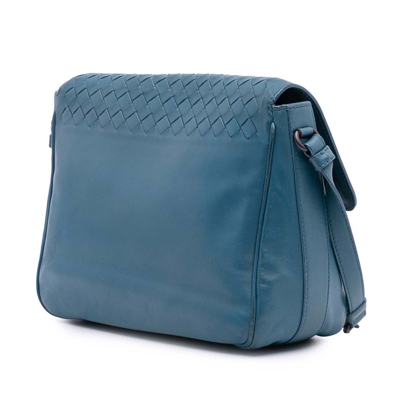 Bottega Veneta Intrecciato Trimmed Nappa Flap Crossbody Blauw