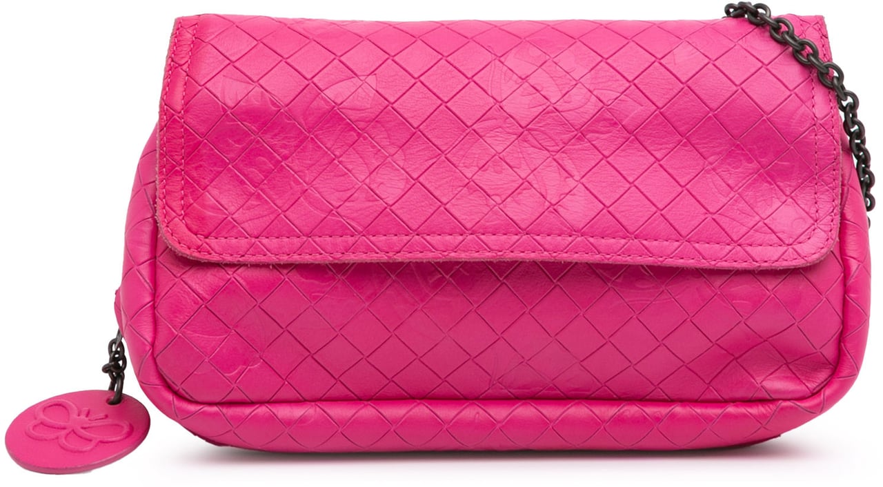 Bottega Veneta Small Calfskin Intrecciomirage Embossed Butterfly Chain Crossbody Roze