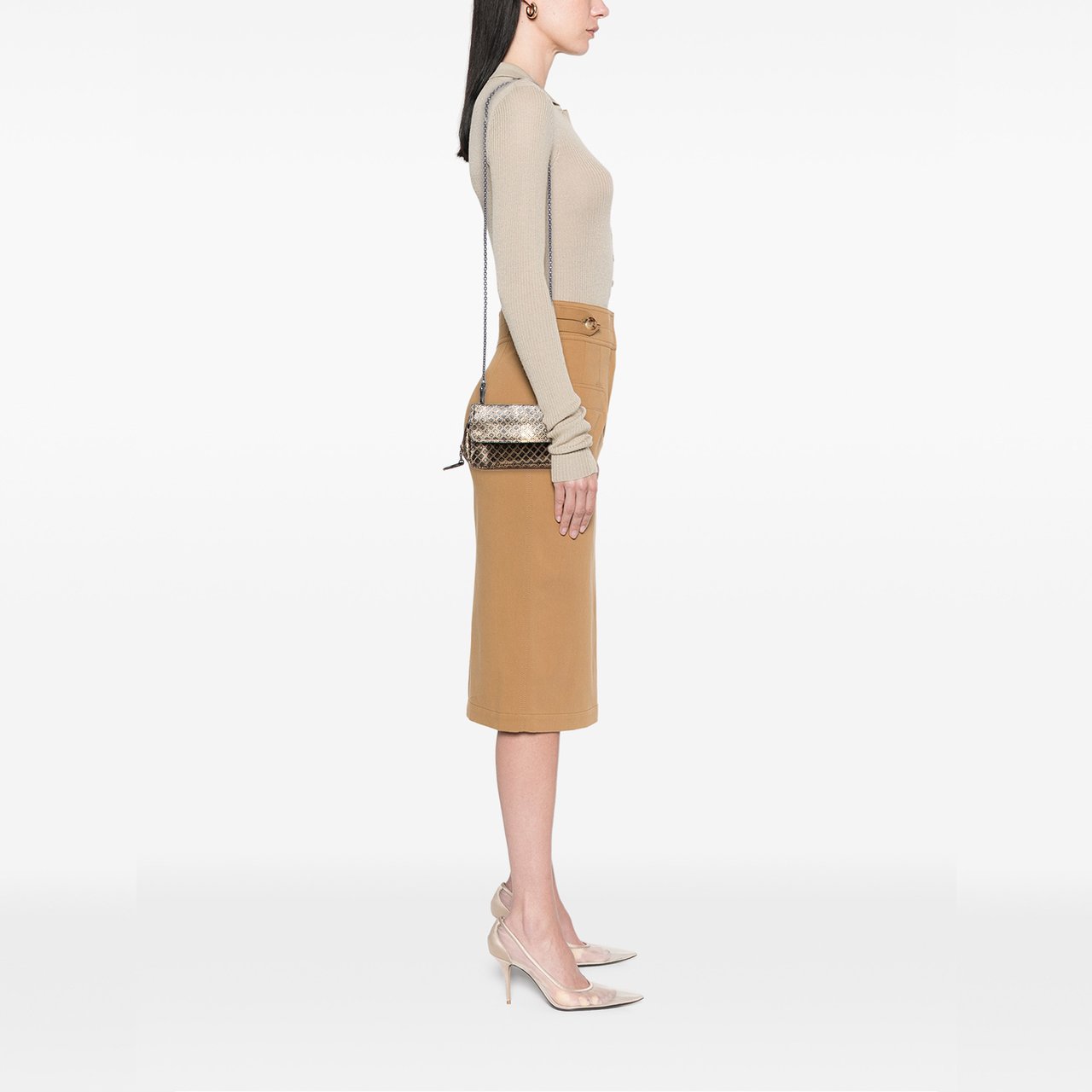 Bottega Veneta Metallic Calfskin Intrecciomirage Chain Flap Crossbody Goud